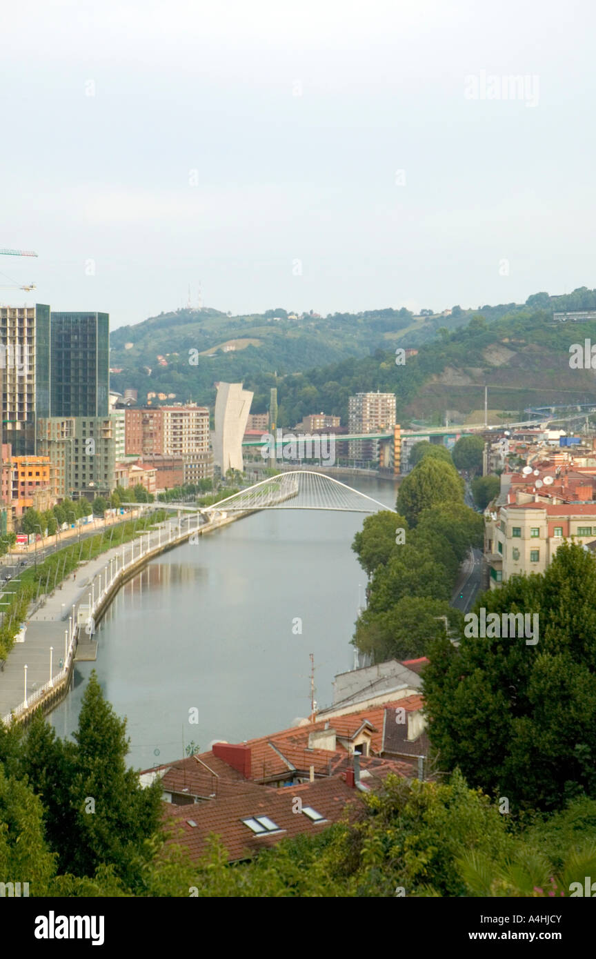 View from Parque Etxebarria (Etxebarria Park)  over Bilbao towards river and Zubizuri bridge, Pais Vasco / Basque Country, Spain Stock Photo