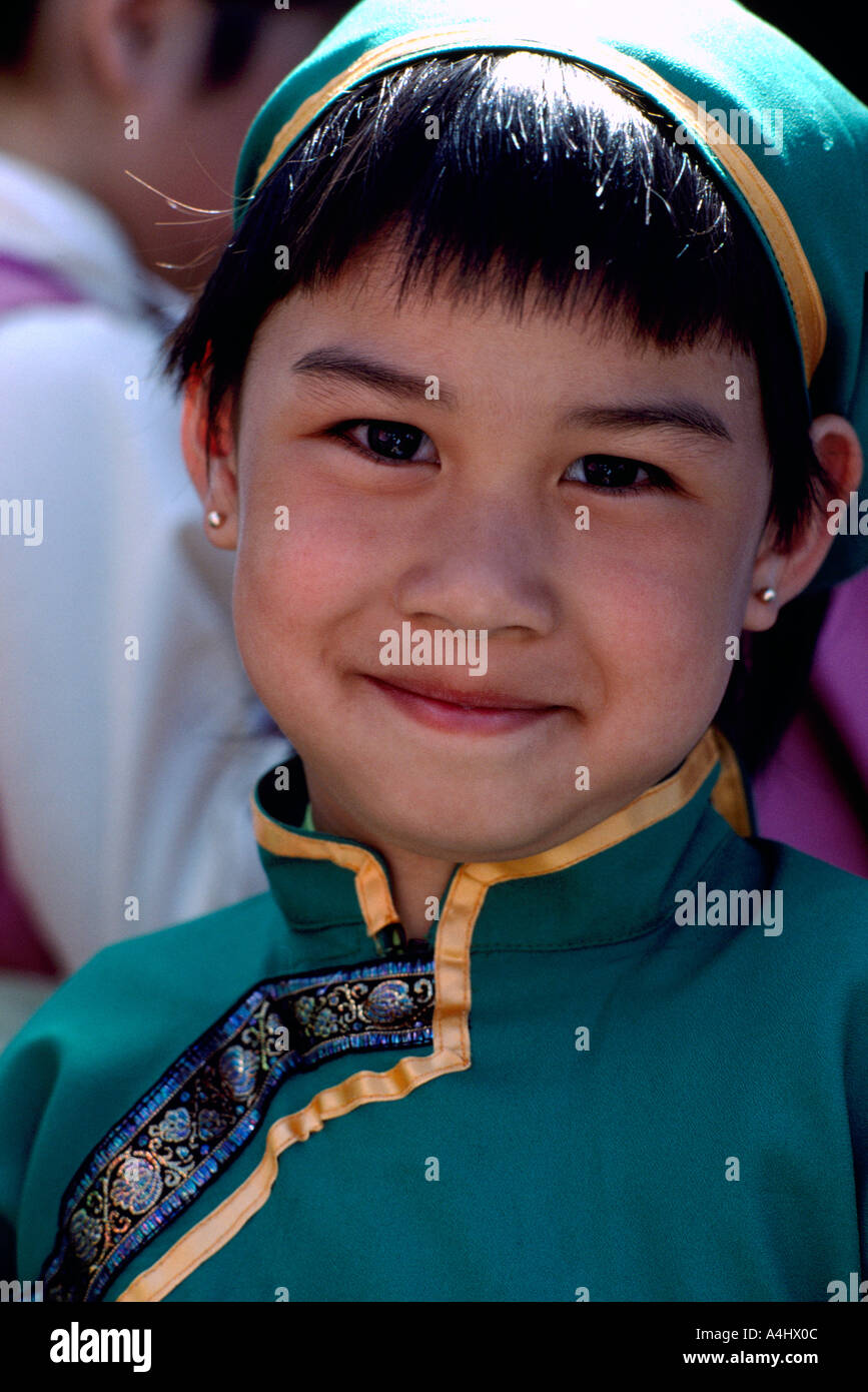 Portrait of a Happy Smiling Young Portuguese Girl wearing Traditional Costume at Ethnic Festival, BC, British Columbia, Canada Stock Photo