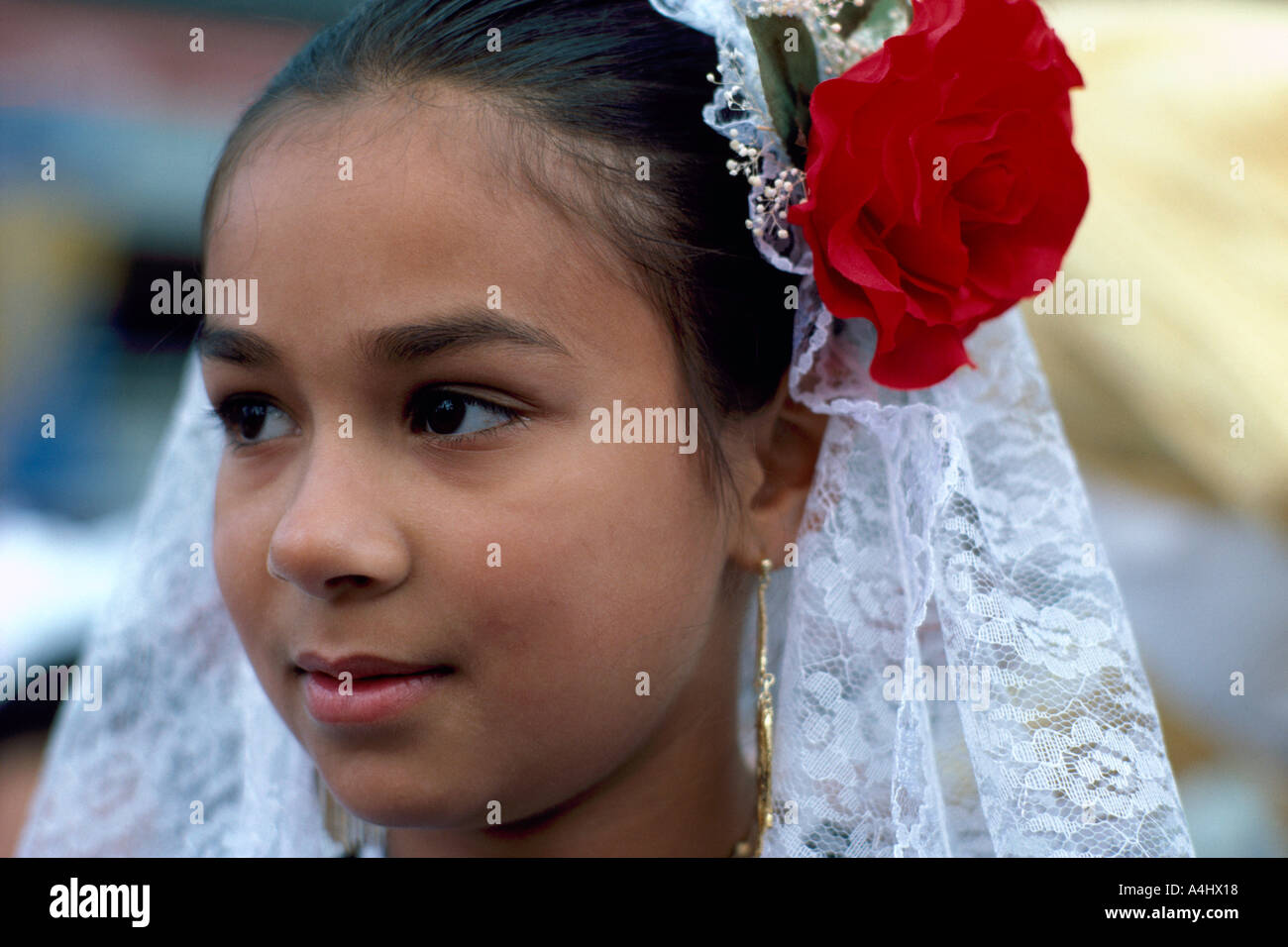 A Young Spanish Girl in Traditional Dress in British Columbia Canada Stock Photo