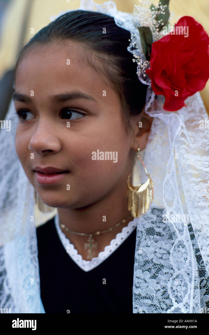 A Young Spanish Girl in Traditional Dress in British Columbia Canada Stock Photo