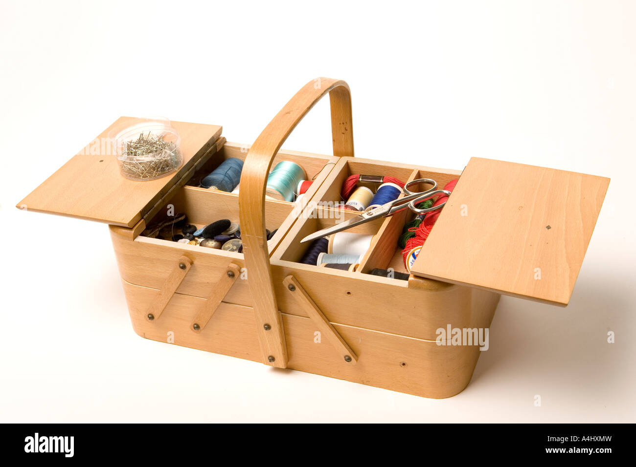 Wooden work box containing dressmaking materials and equipment Stock Photo  - Alamy