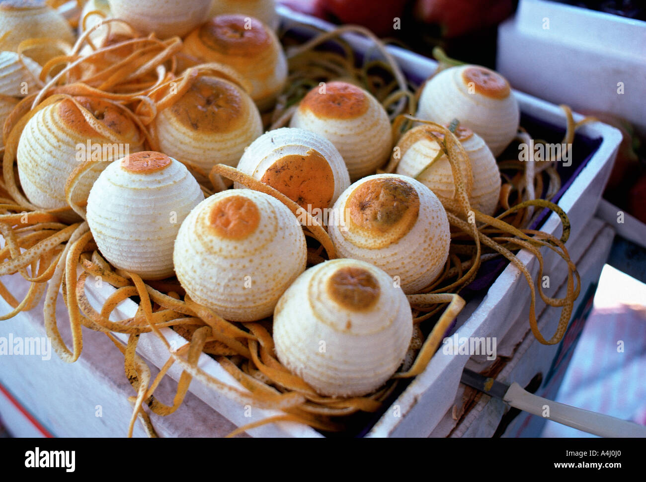 Display of peeled oranges Stock Photo