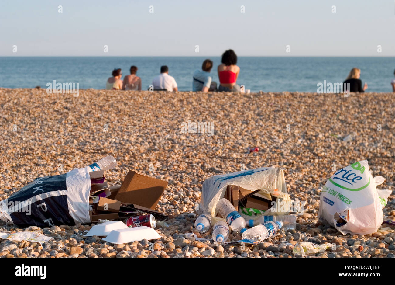 Rubbish on beach. Brighton, England, UK Stock Photo