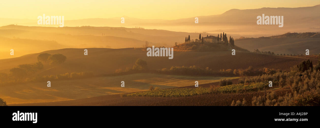 Typical tuscan farmhouse surrounded by cypresses at sunrise with hills ...