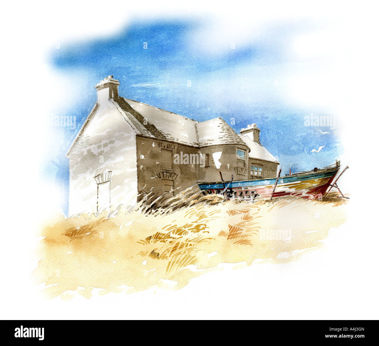 Water colour painting of deserted fisherman’s cottage on the cliffs of Quilty in western Ireland. Stock Photo