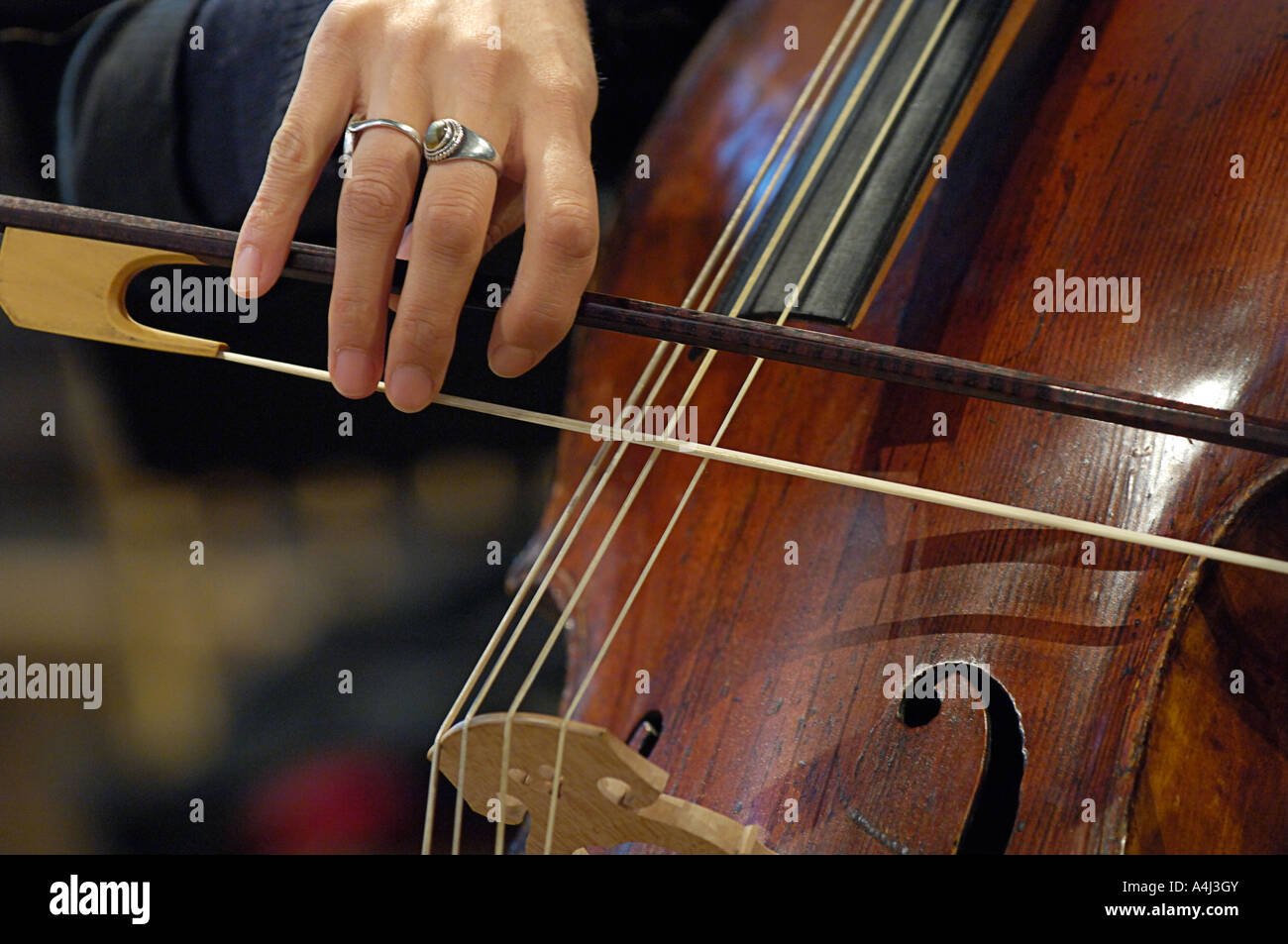 Close-up shot of female hand playing bass with baroque bow. Stock Photo