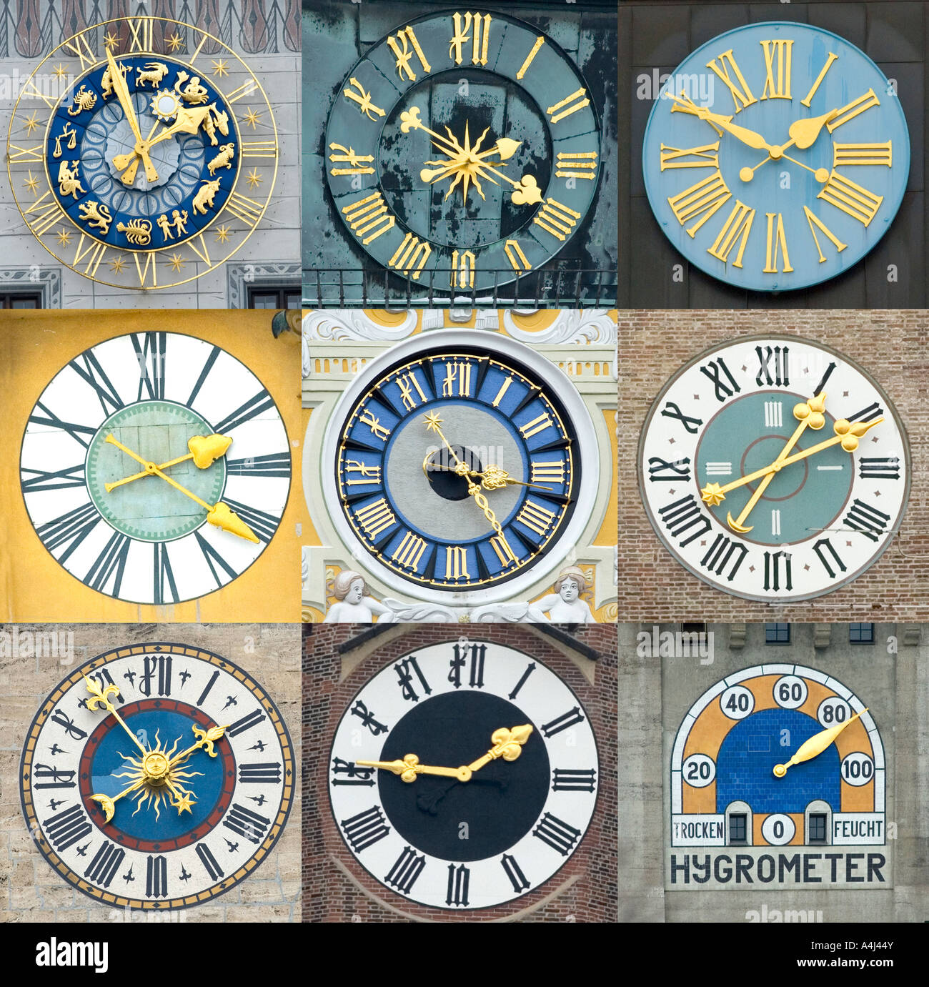 different clock in Munich Bavaria Germany tower towers Stock Photo Alamy