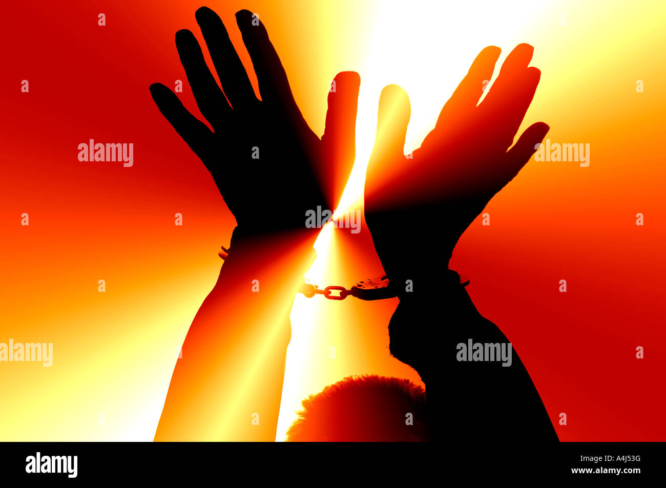 abstract closeup view of handcuffs on suspect Stock Photo