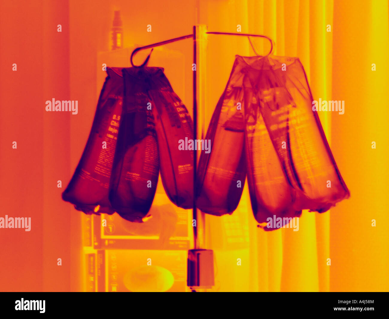 rack of IV intravenous bags hanging in hospital intensive care ward for