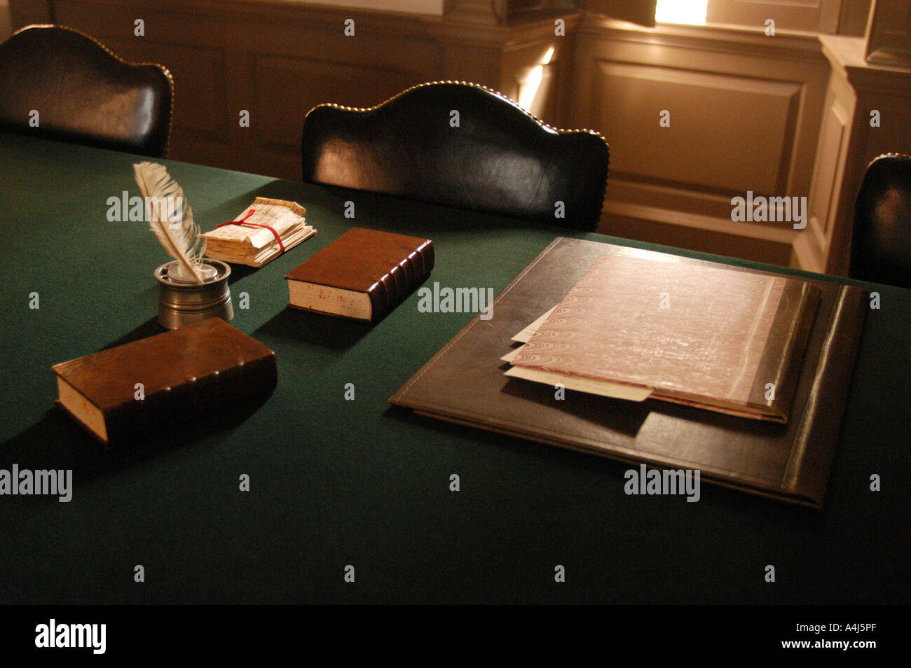 Williamsburg Virginia Quill pen on empty desk living history colonial