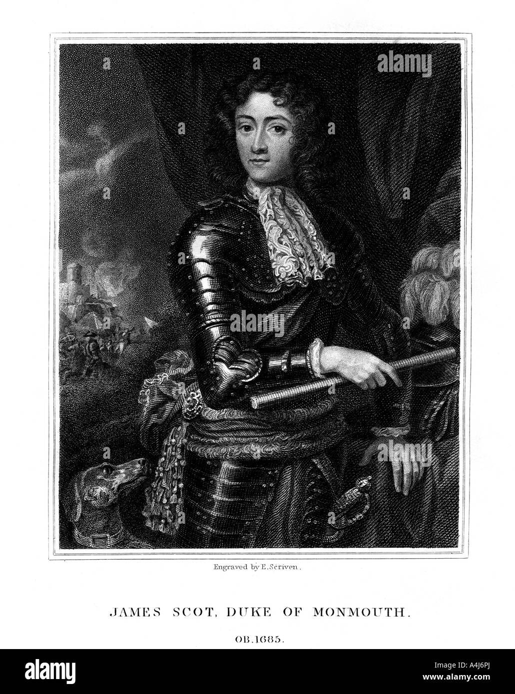 James Scott, 1st Duke of Monmouth, recognized by some as James II of England, (1826).Artist: E Scriven Stock Photo