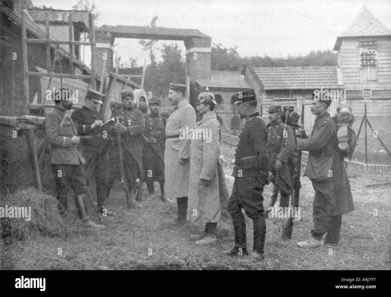 Interrogation of German prisoners, France, August 1914. Artist: Unknown Stock Photo