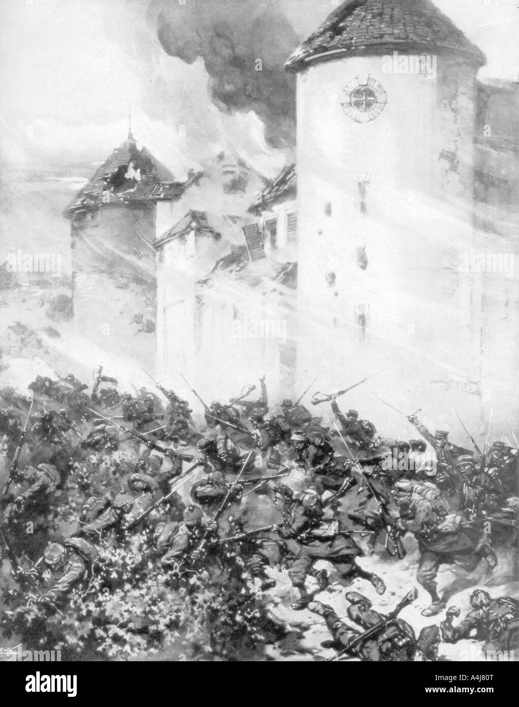 French and Germans battle under the walls of Chateau de Mondement, France, 1914.Artist: MHW Koekkok Stock Photo
