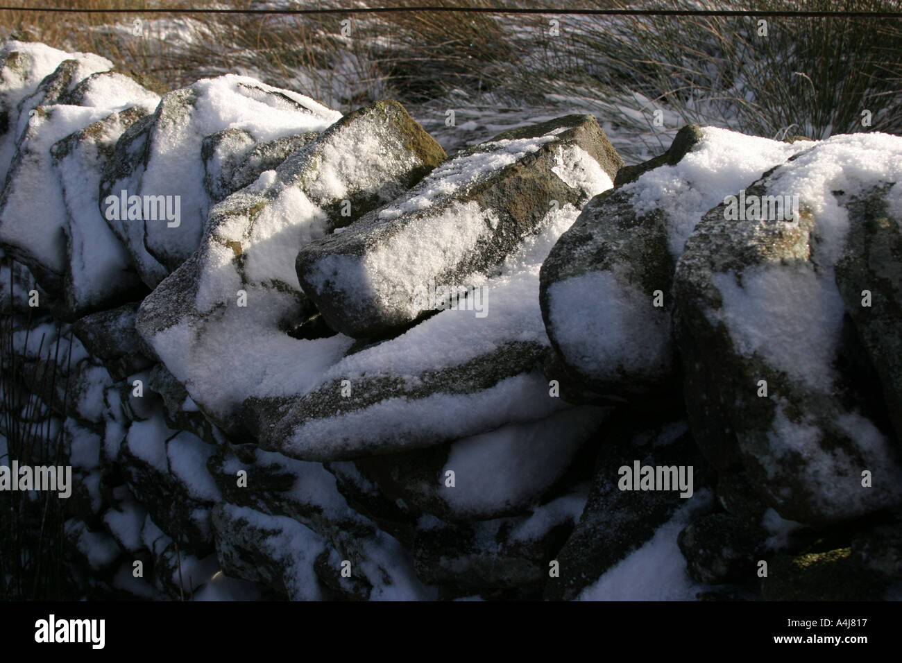 Snow on drystone wall Stock Photo