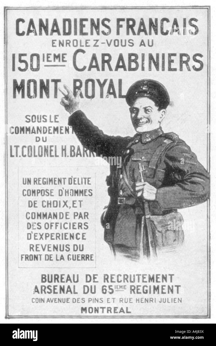 A French Canadian army recruitment poster, 1914. Artist: Unknown Stock Photo