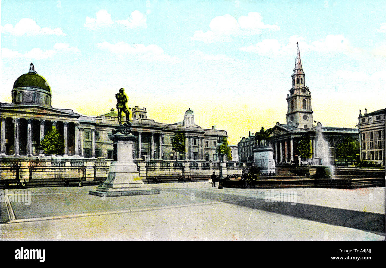 Gordon's Statue and National Gallery, Trafalgar Square, London, 20th Century. Artist: Unknown Stock Photo