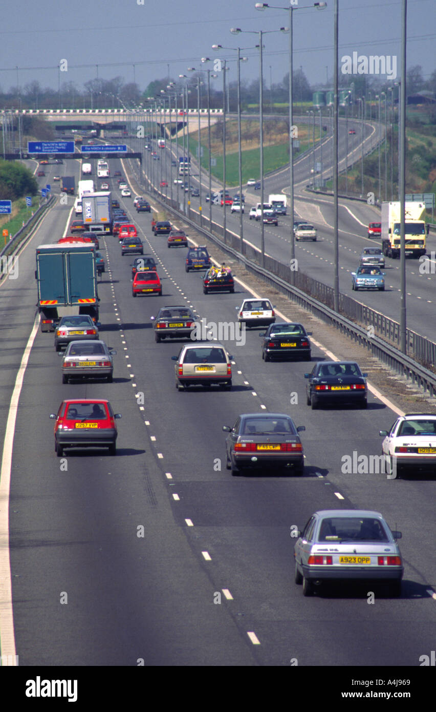 Heavy traffic at the M1 M6 motorway junction Northamptonshire England