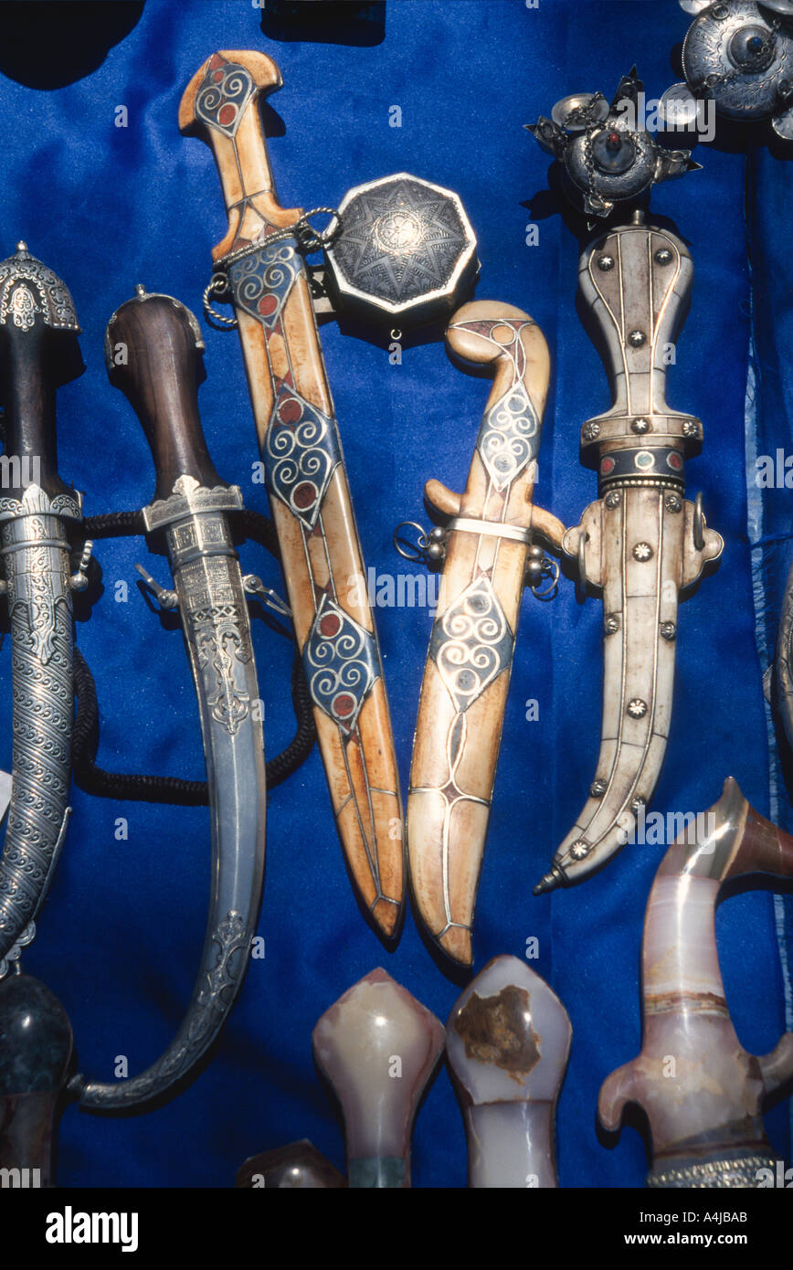Silver inlaid polished stone daggers, scabbards, Tahanaoute markets near Marrakesh, High Atlas, central Morocco, Africa Stock Photo