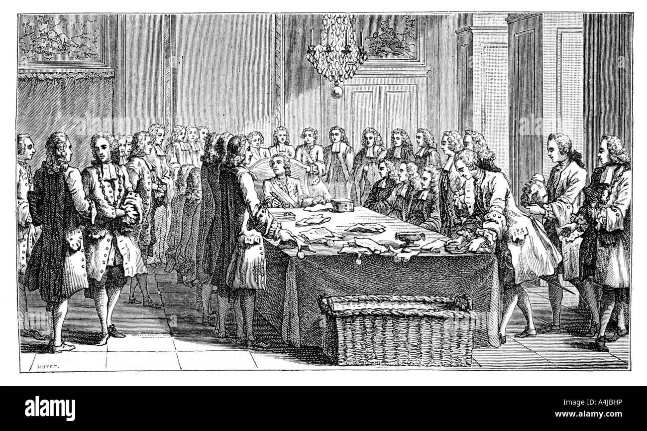 Louis XV Signing The New Treaty, 1757, (1885). Artist: Unknown Stock Photo