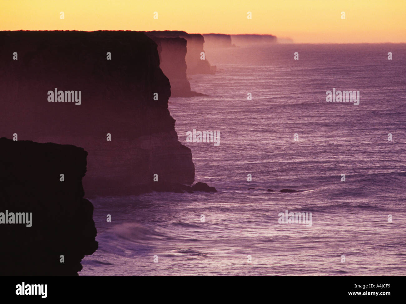 Bunda cliffs at sunrise eroded limestone coast Great Australian Bight South Australia with golden backlit spray Stock Photo