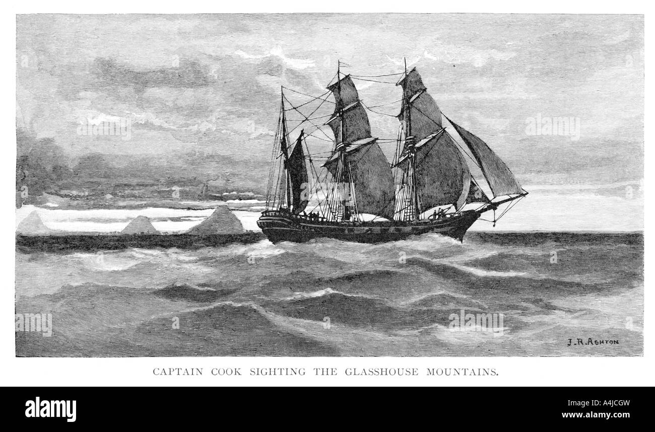 Captain Cook sighting the Glasshouse Mountains, 1770, (Queensland