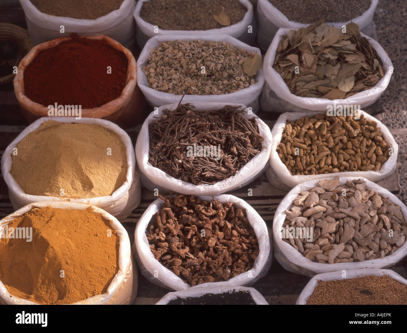 Sacks of spices, The Souk, Marrakech, Marrakech-Tensift-El Haouz Region, Morocco Stock Photo