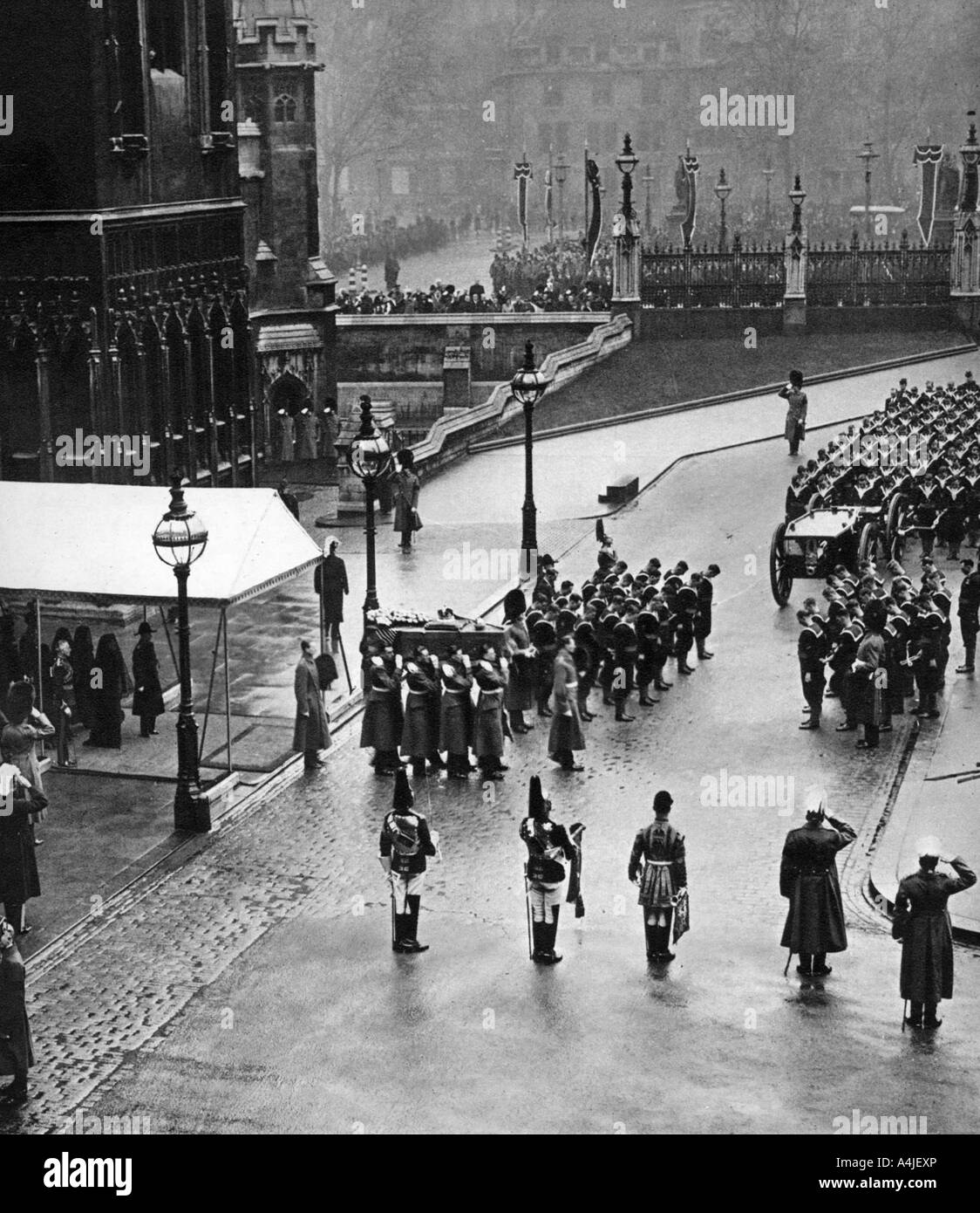 King V's funeral procession forming at Westminster Hall, London