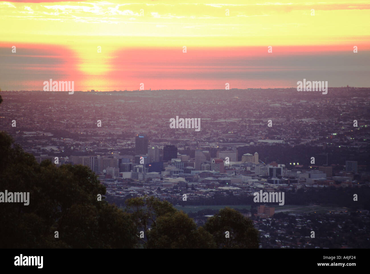 Adelaide at sunset seen from Mt Lofty Stock Photo