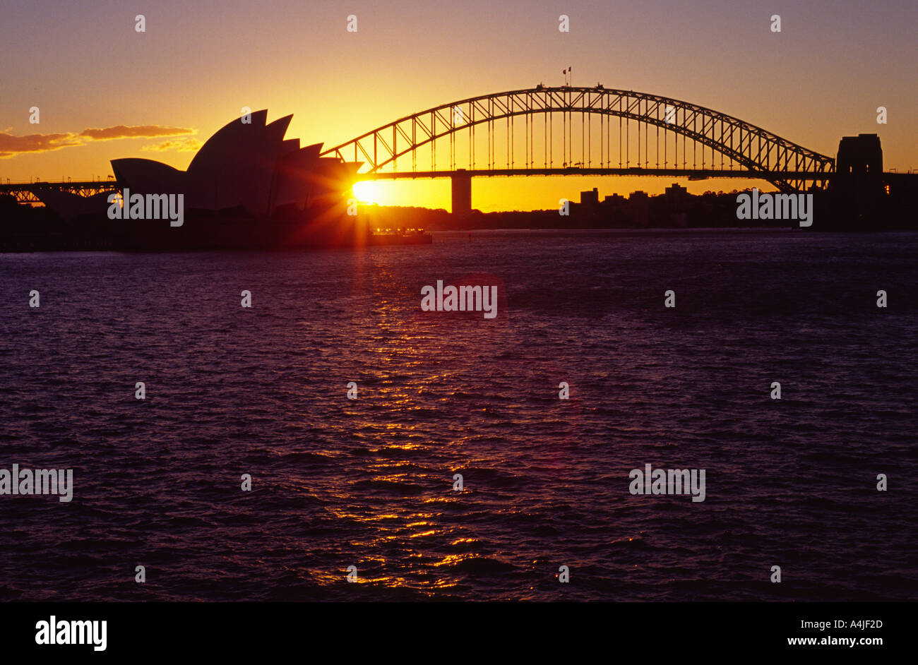 Sydney Opera House and Harbour Bridge at sunset Stock Photo