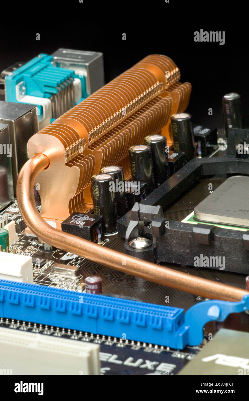State of the art copper fins radiator cooling on PC motherboard Stock ...