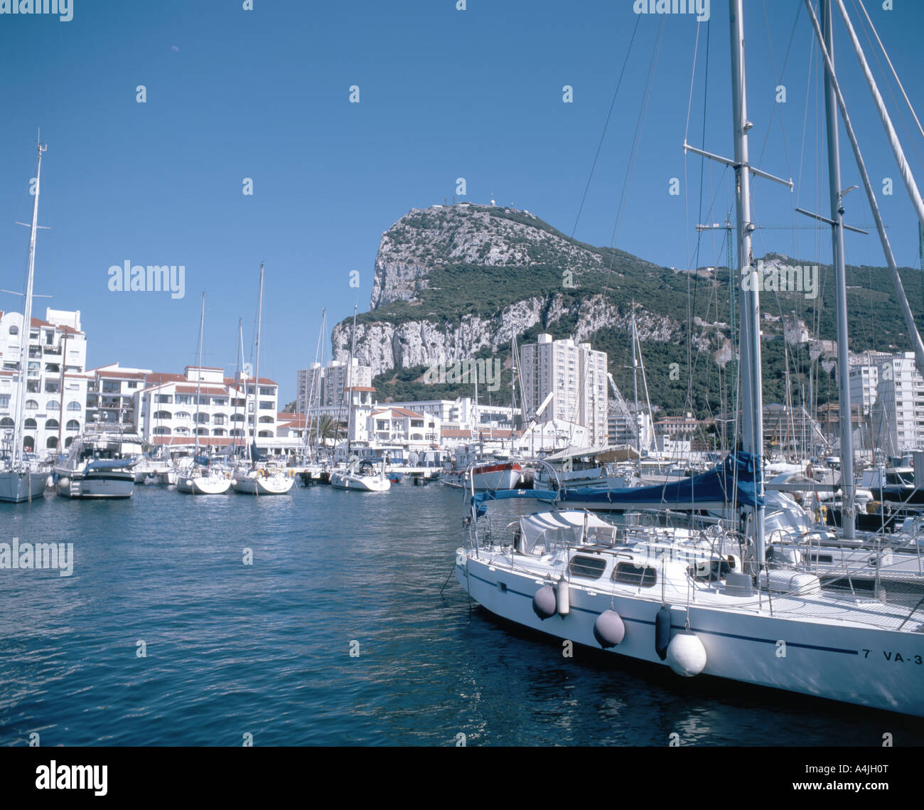 View of Marina and Rock of Gibraltar, Marina Bay, Gibraltar Stock Photo