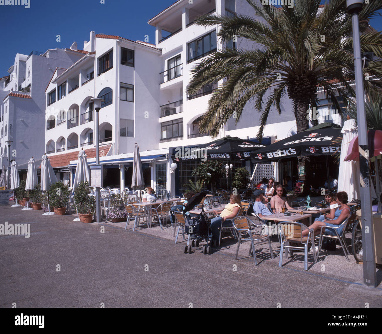 Outdoor cafe, Promenade, Marina Bay, Gibraltar Stock Photo