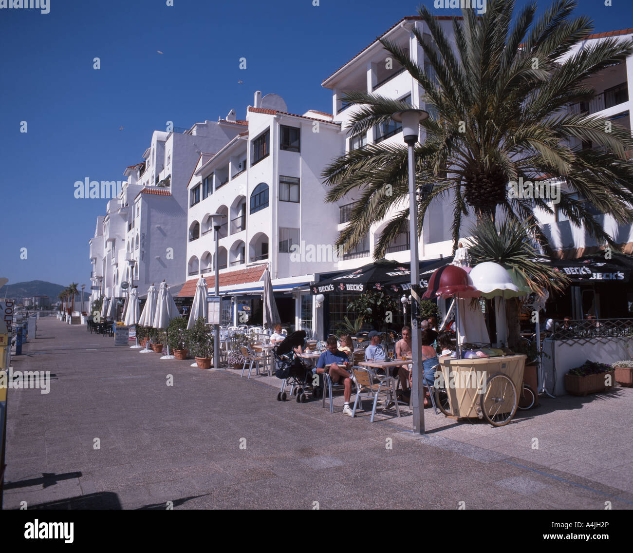 Outdoor cafe, Promenade, Marina Bay, Gibraltar Stock Photo