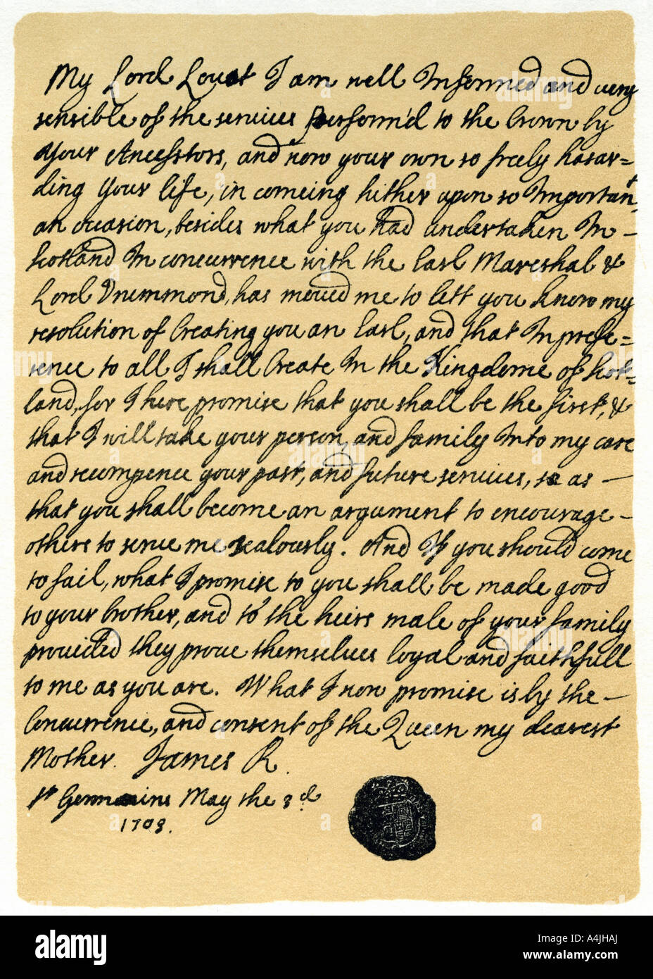 Letter from James Edward Stuart to Simon Fraser, Lord Lovat, St Germains, 3rd May 1703.Artist: James Stuart Stock Photo