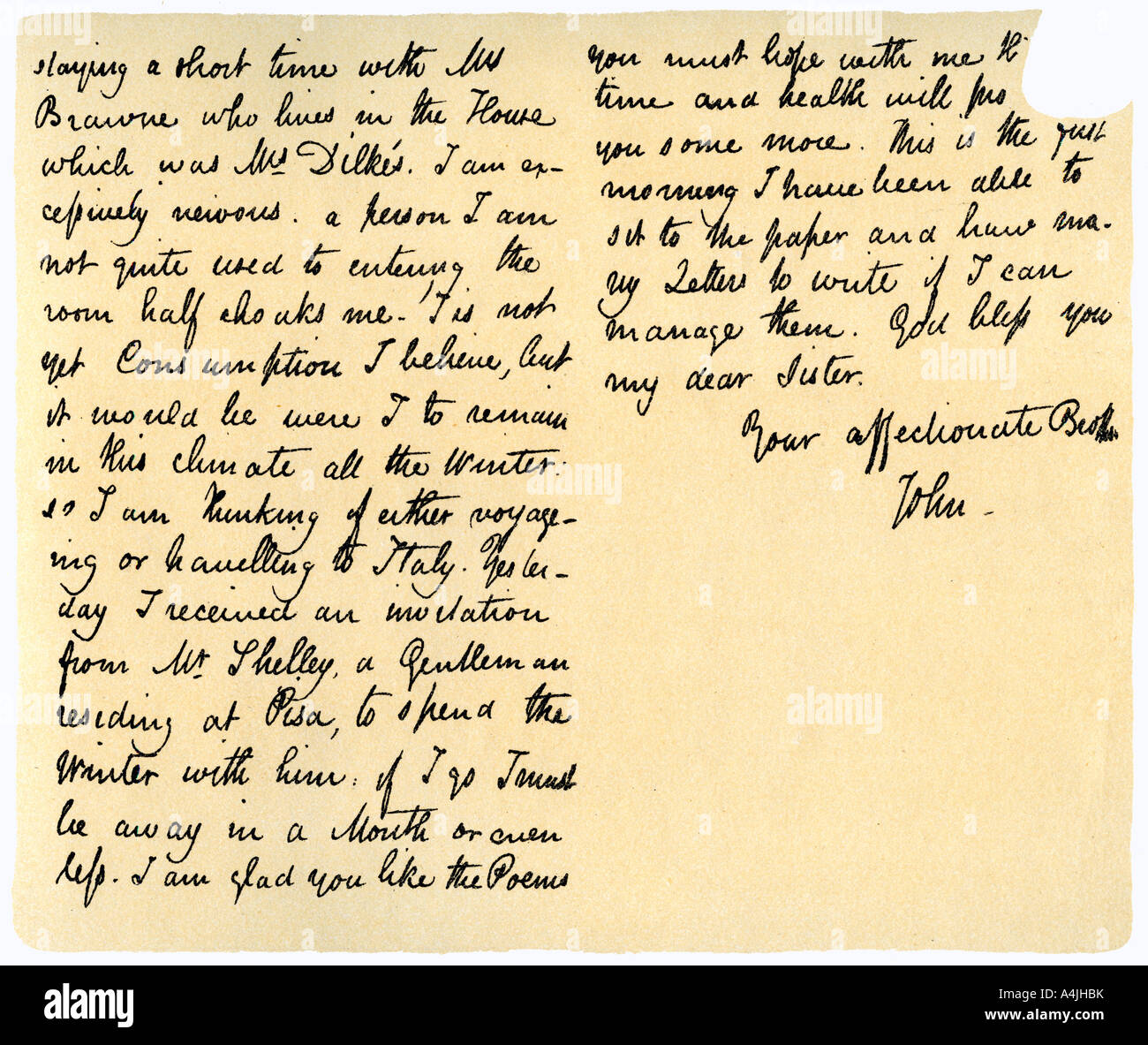 Letter from John Keats to his sister, Fanny Keats, 14th August 1820. Artist: John Keats Stock Photo