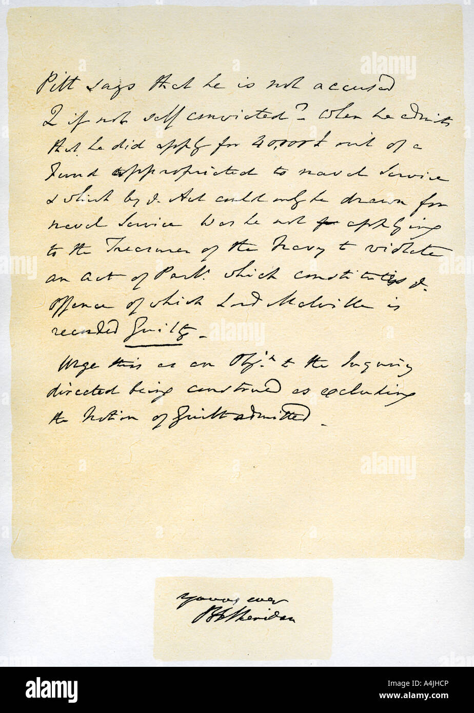 Notes for a a speech by Richard Brinsley Sheridan, 30th April 1805.Artist: Richard Sheridan Stock Photo