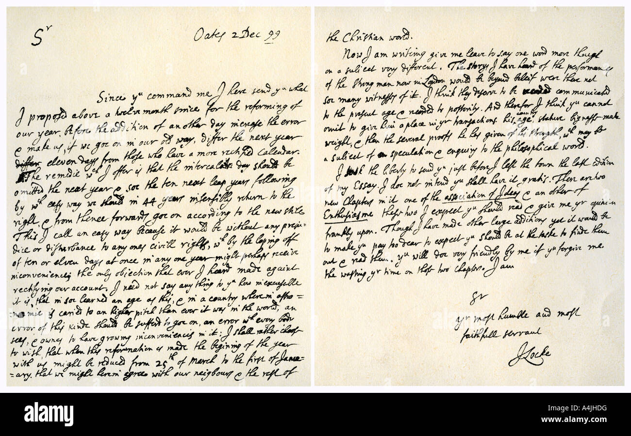 Letter from John Locke to Hans Sloane, 2nd December 1699.Artist: John Locke Stock Photo