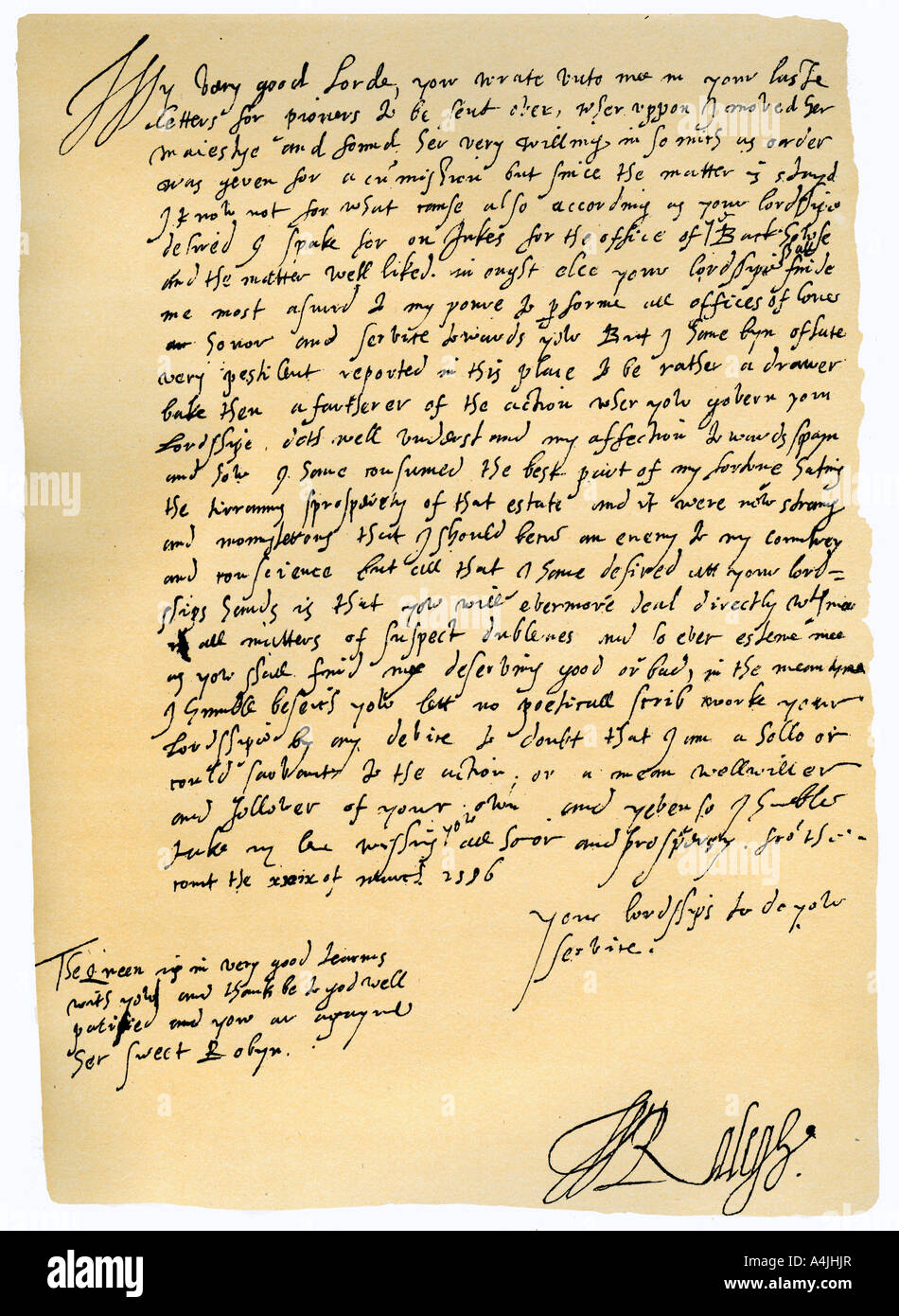 Letter from Sir Walter Raleigh to Robert Dudley, Earl of Leicester, 29th March 1586.Artist: Sir Walter Raleigh Stock Photo
