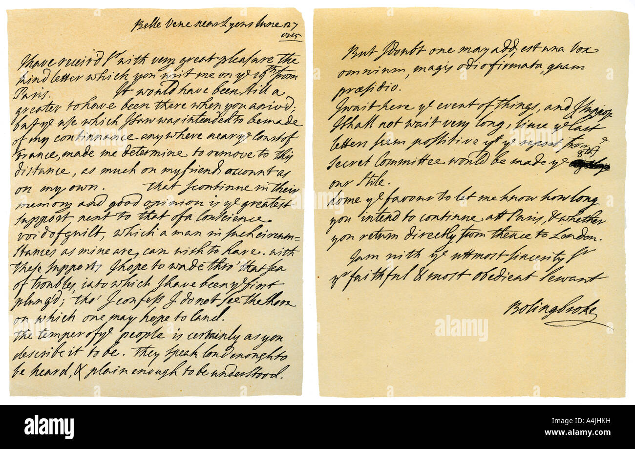 Letter from Henry St John to George Clarke, 27th June 1715.Artist: Henry St John, 1st Viscount Bolingbroke Stock Photo