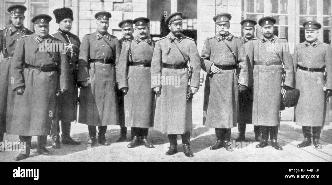Tsar Nicholas II of Russia and his generals and staff, 1917. Artist: Unknown Stock Photo