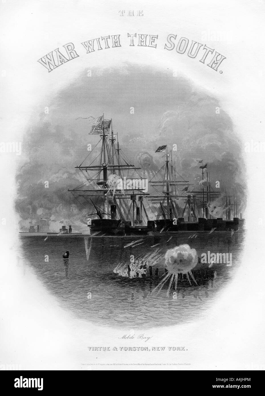 Fleet passing the fort and obstructions, Battle of Mobile Bay, August 5, 1864, (1862-1867). Artist: Unknown Stock Photo