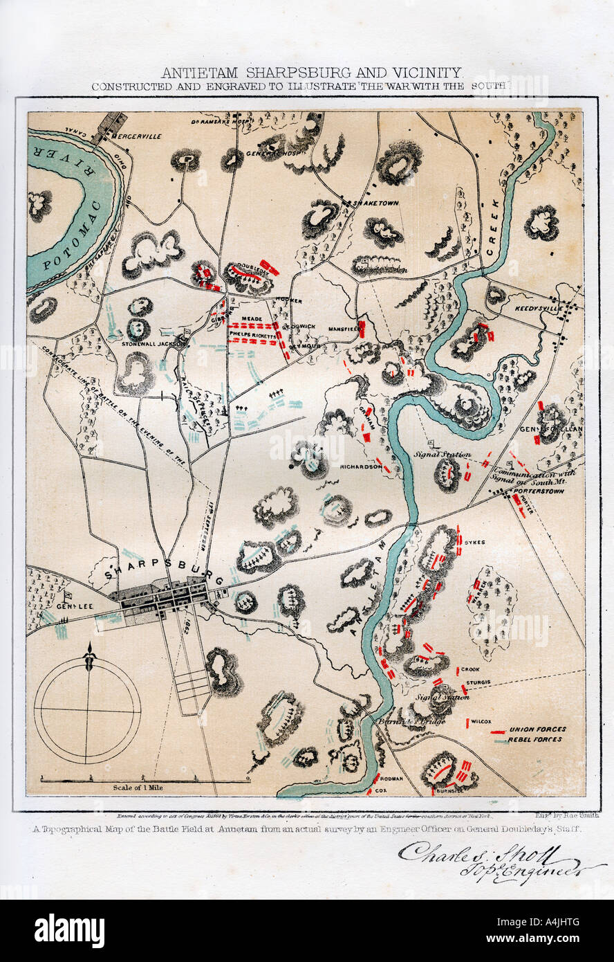 Map of Antietam, Sharpsburg and Vicinity, Maryland, 1862 (1862-1867).Artist: Rae Smith Stock Photo