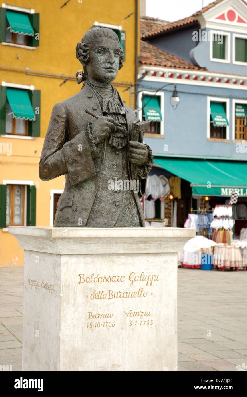 Baldassare Galuppi sculpture in main piazza square Burano Island Venice Venezia Veneto Italy Europe EU Mediterranean Stock Photo