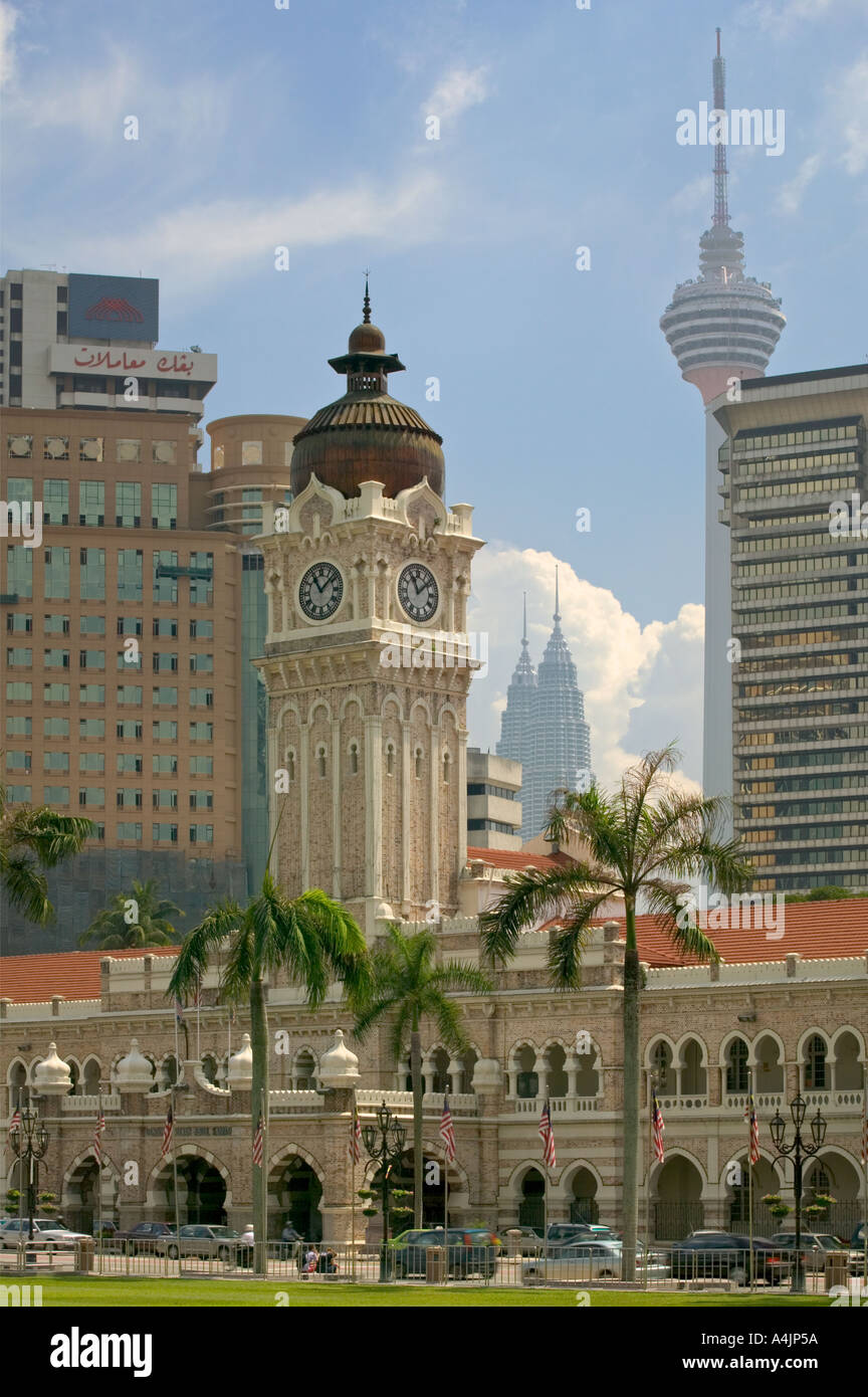 The Sultan Abdul Samad Building in Kuala Lumpur with KL tower and the Petronis Towers behind. Stock Photo