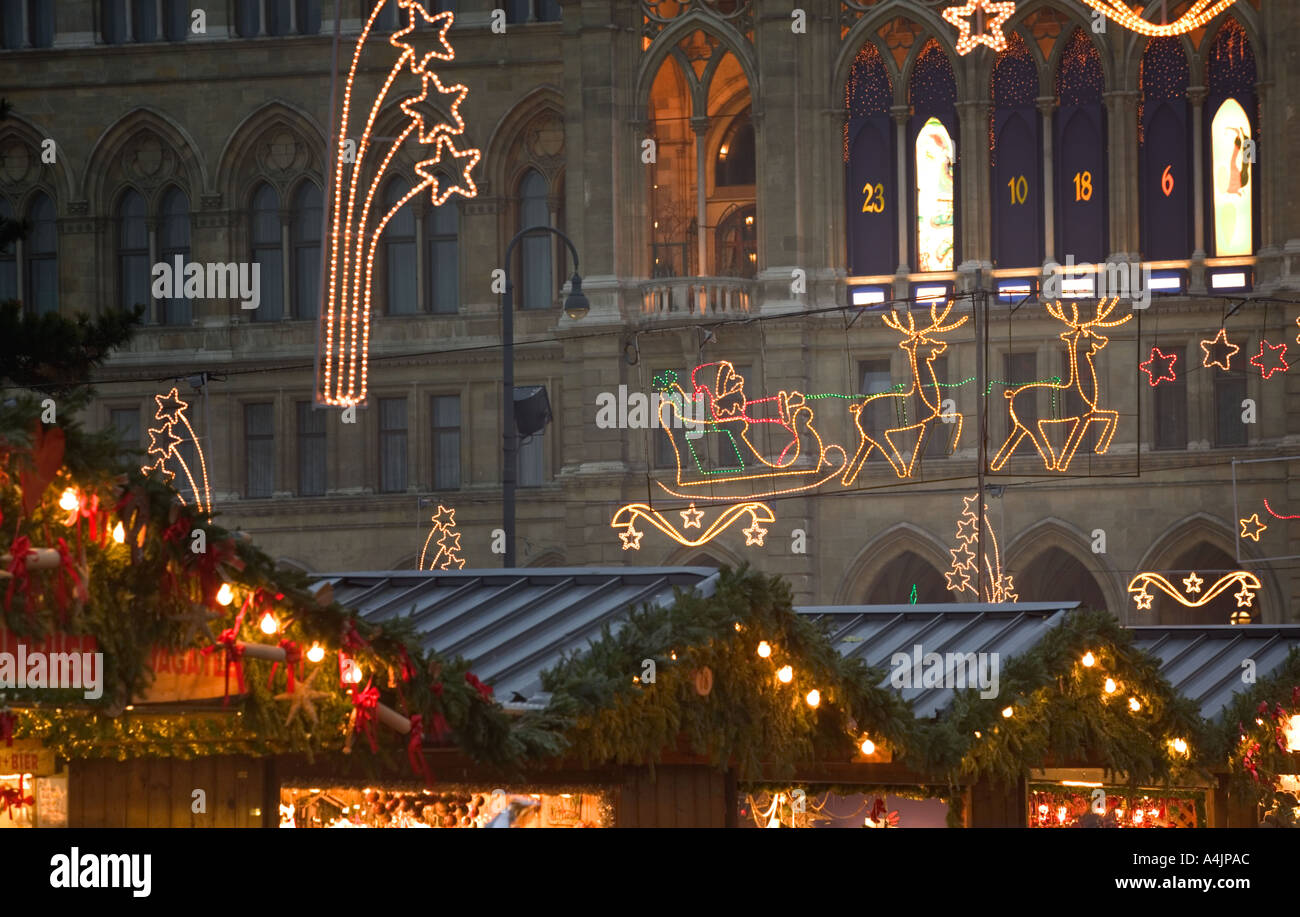 Stalls and Christmas lights at The Rathaus Christmas Market in Vienna. Stock Photo