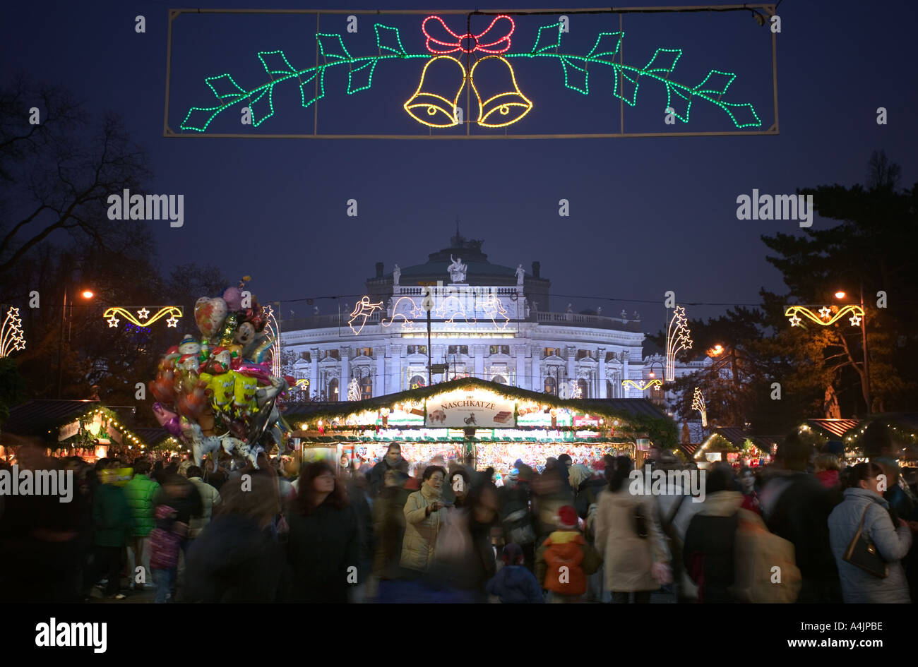 The Rathaus Christmas Market in Vienna with The Burgtheater in the background. Stock Photo