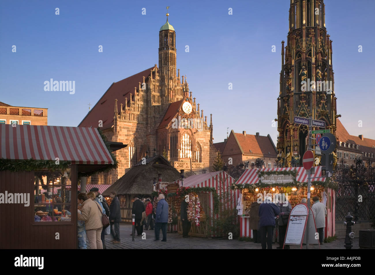 The Nuremberg Christmas Market in Hauptmarkt with The Frauenkirche behind. Stock Photo