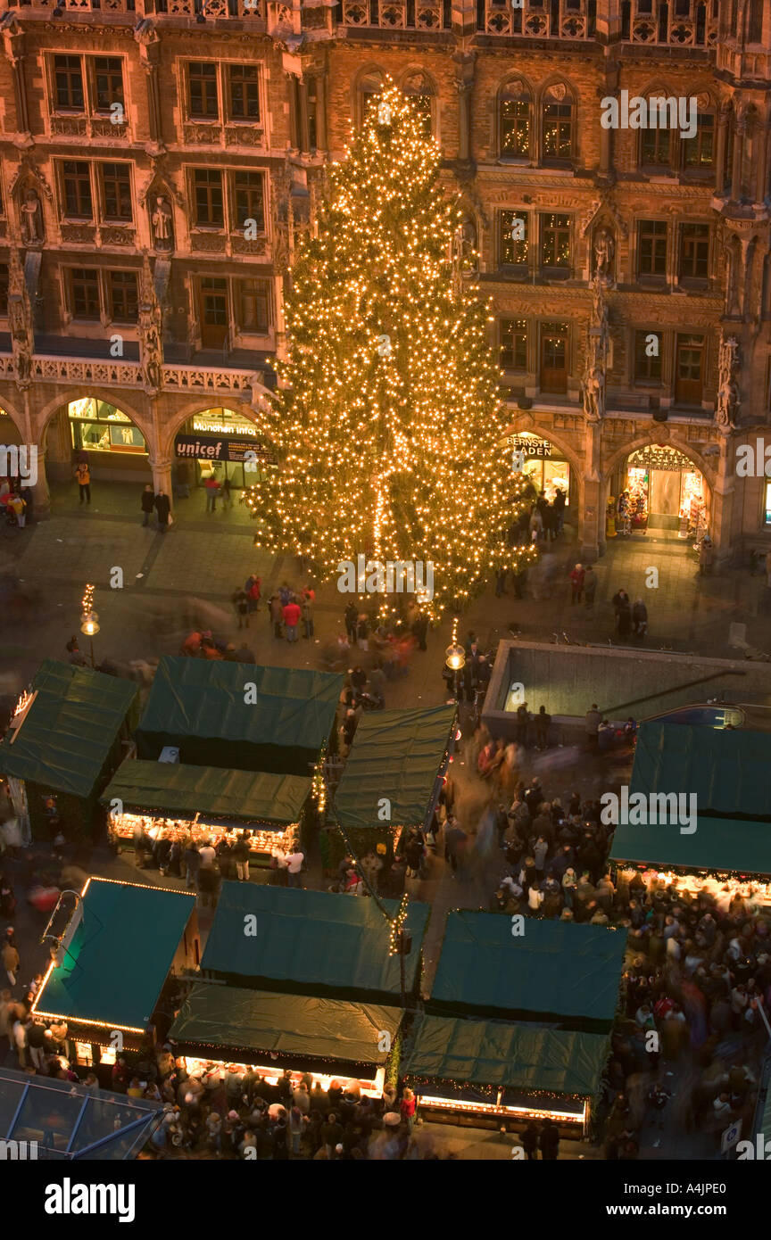 The Christmas tree and stalls in front of the Rathaus during the Munich Christmas Market. Stock Photo