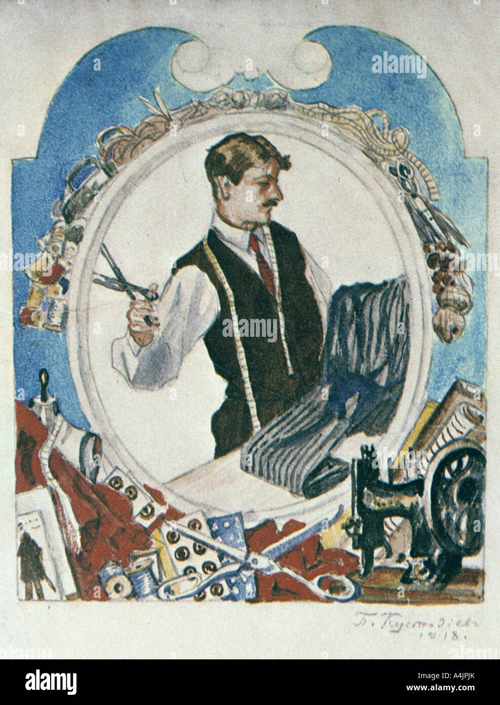 'The Tailor', 1918.  Artist: Boris Mikhajlovich Kustodiev Stock Photo