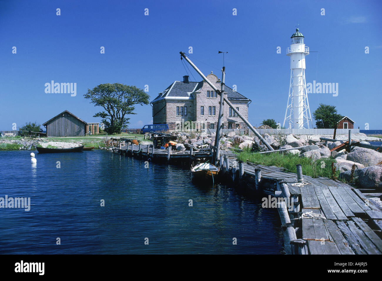 Högby Lighthouse along the East Coast on the Baltic Sea in Sweden Stock Photo